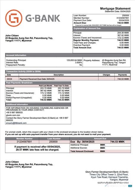 Myanmar Glory Farmer Development Bank (G Bank) mortgage statement Word and PDF template